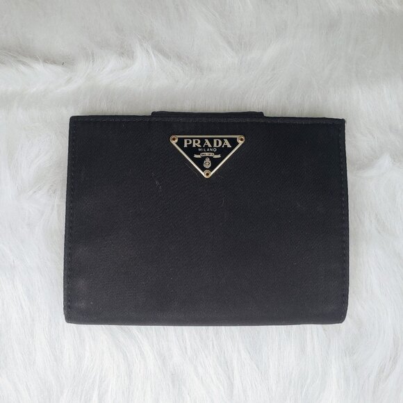 Prada Handbags - Prada Black Nylon Compact Bifold Wallet Featuring Triangle Prada Logo